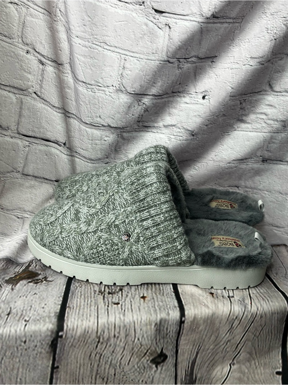 Skechers BOBS Chunky Cable Knit Aprés-Ski Cabincore Mule Clog Slippers Gray 11